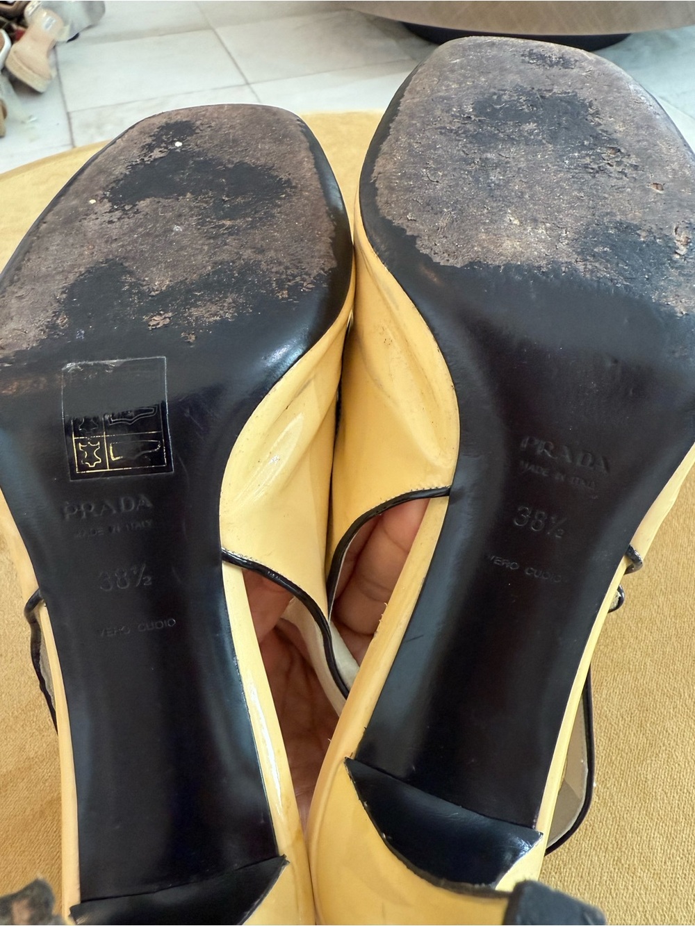 Prada Yellow Patent Leather Mary Jane Slingback Heels with Black Trim - Picture 11 of 11